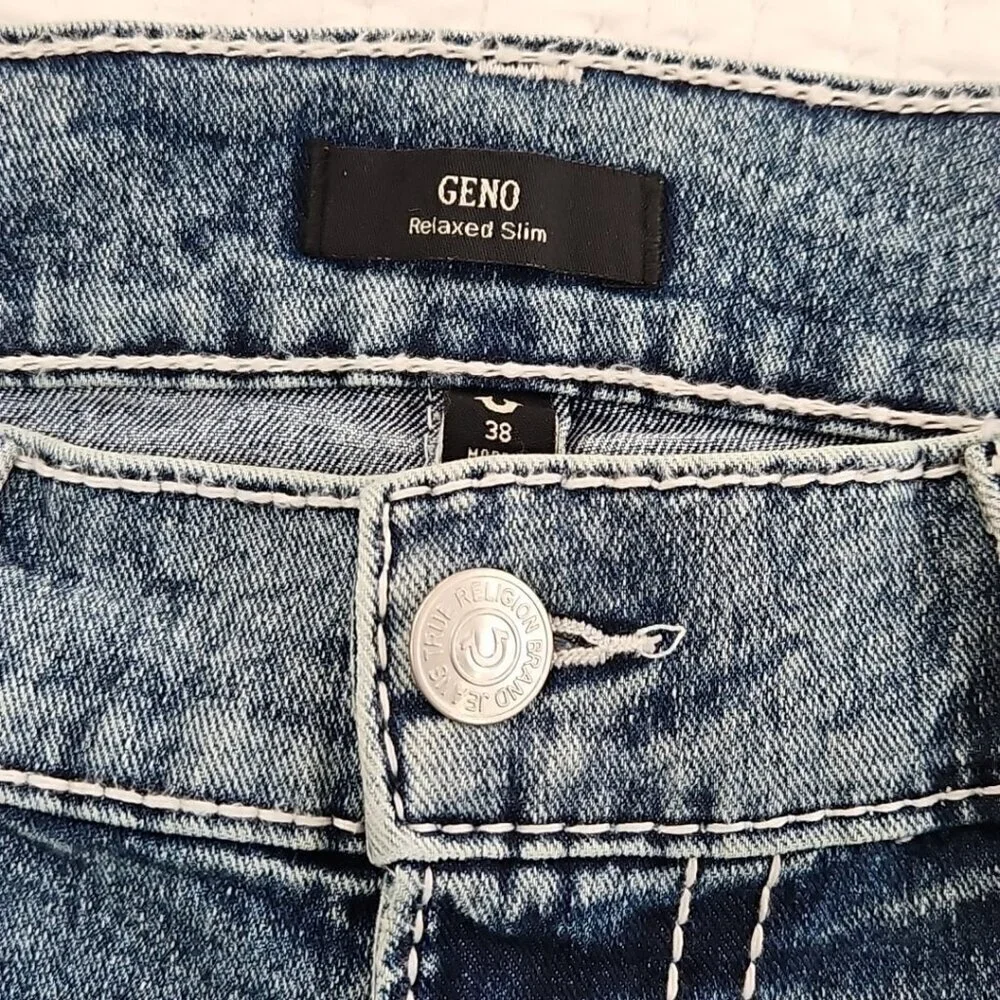 NEW True‎ Religion Geno Big T Flap Jeans Men's 38x32 Blue Flap Relaxed Slim NWT